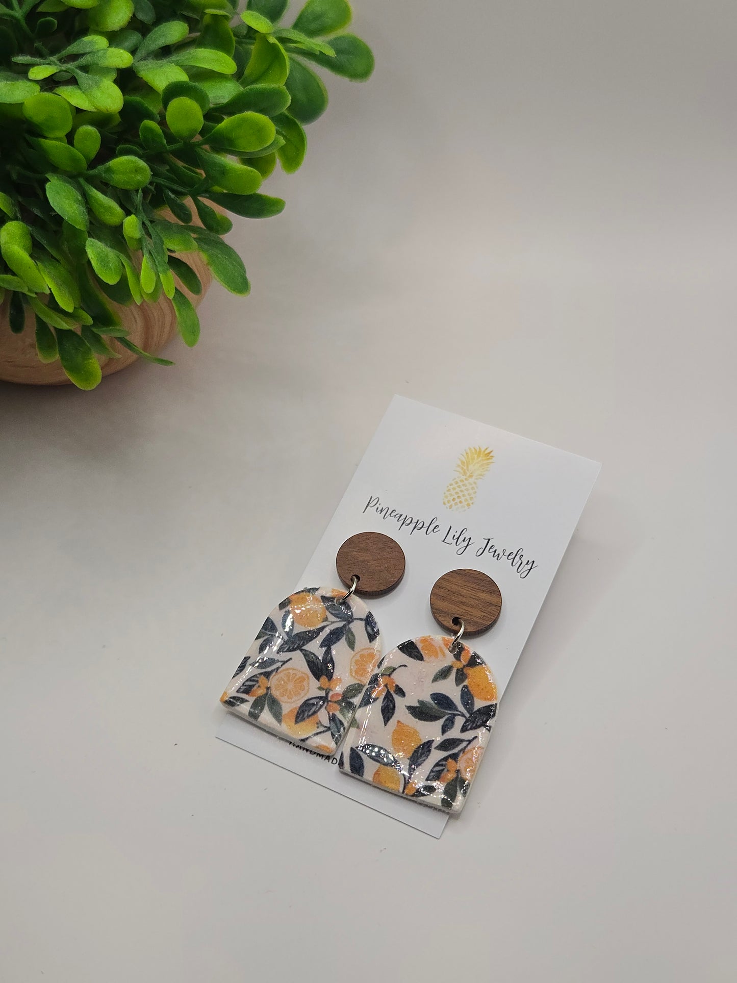 Lemons and leaves dangle earrings