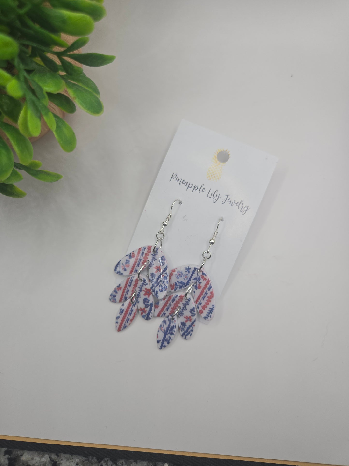 Red, white, blue floral print dangle