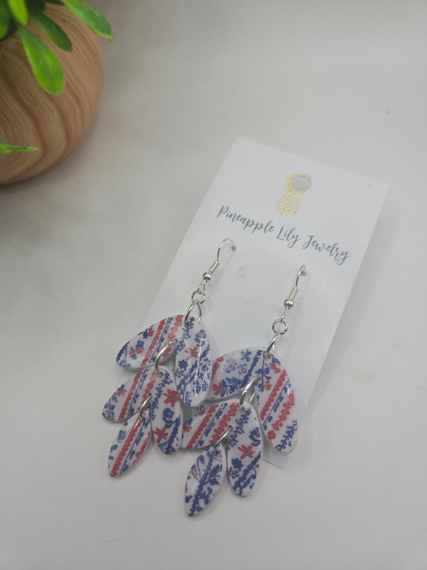 Red, white, blue floral print dangle