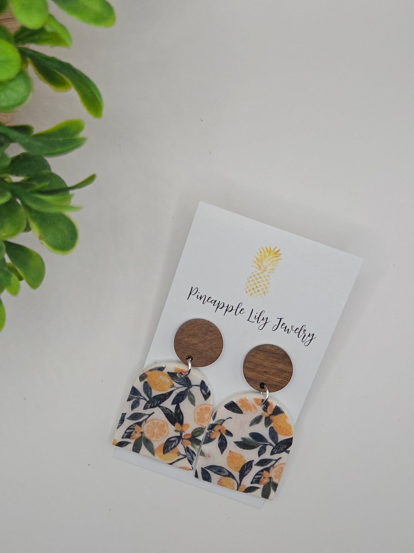 Lemons and leaves dangle earrings