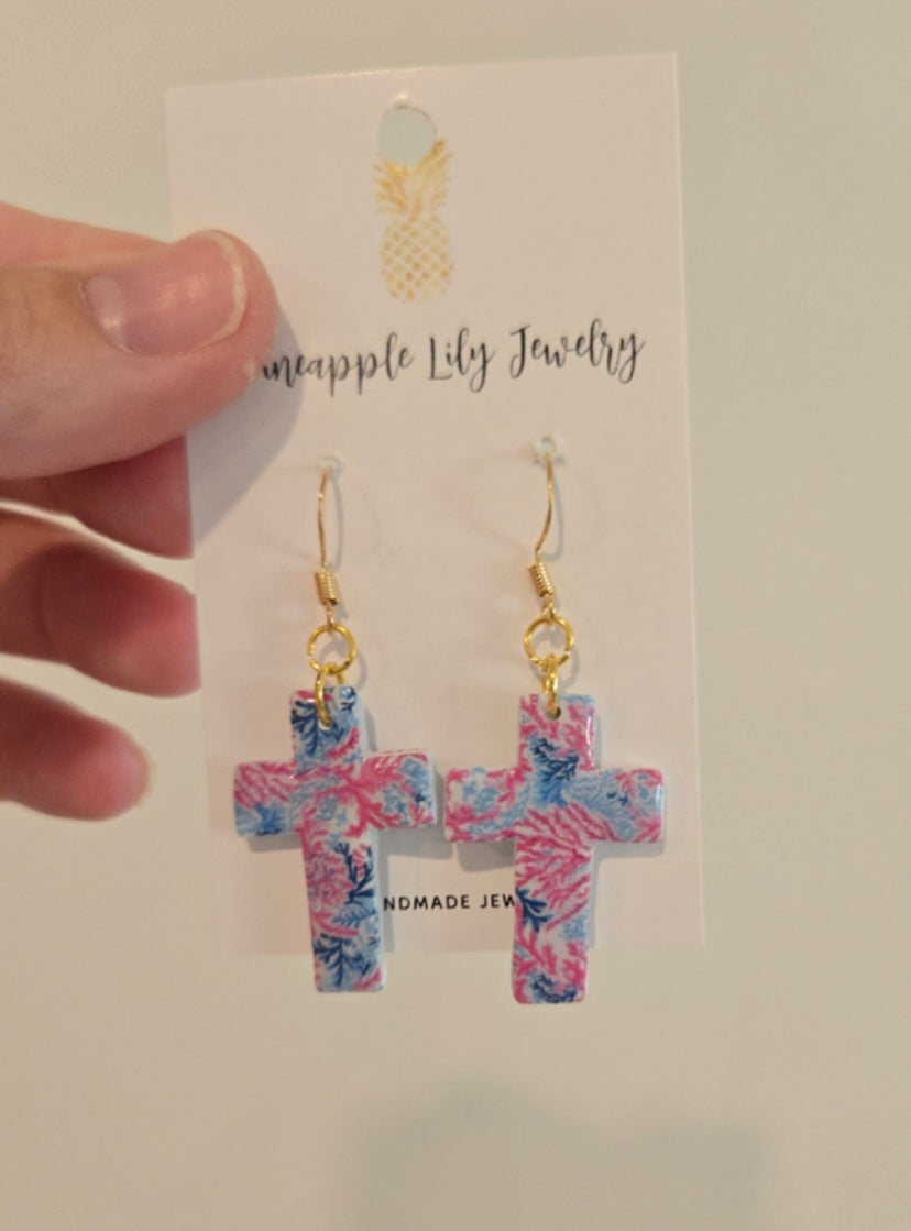 Lilly Pulitzer inspired Cross earrings