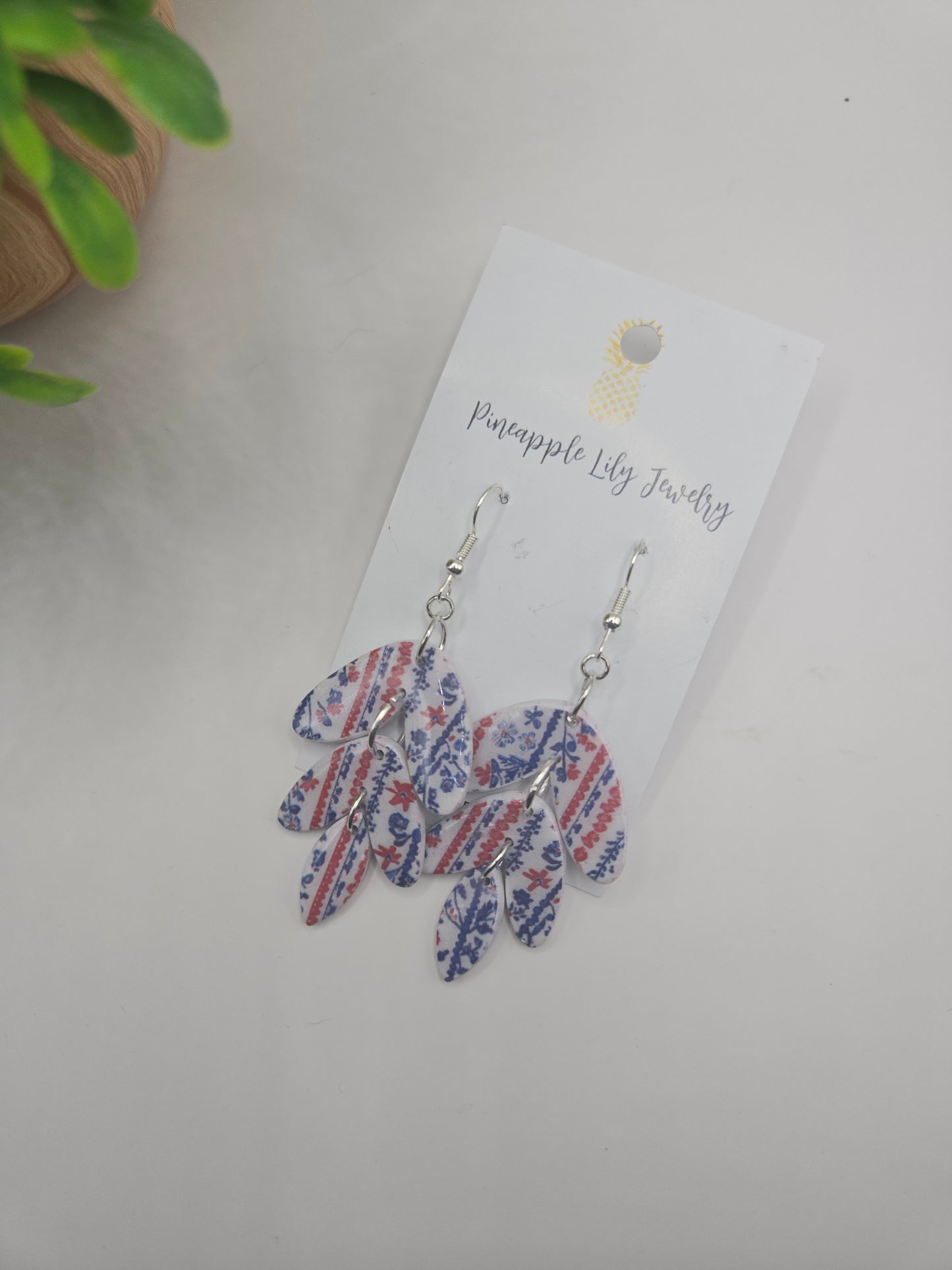 Red, white, blue floral print dangle