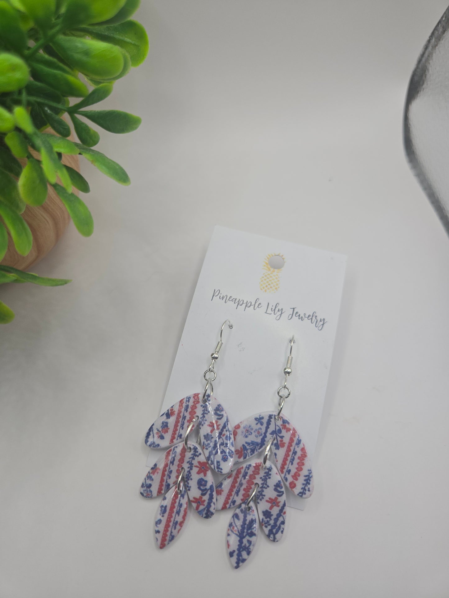 Red, white, blue floral print dangle