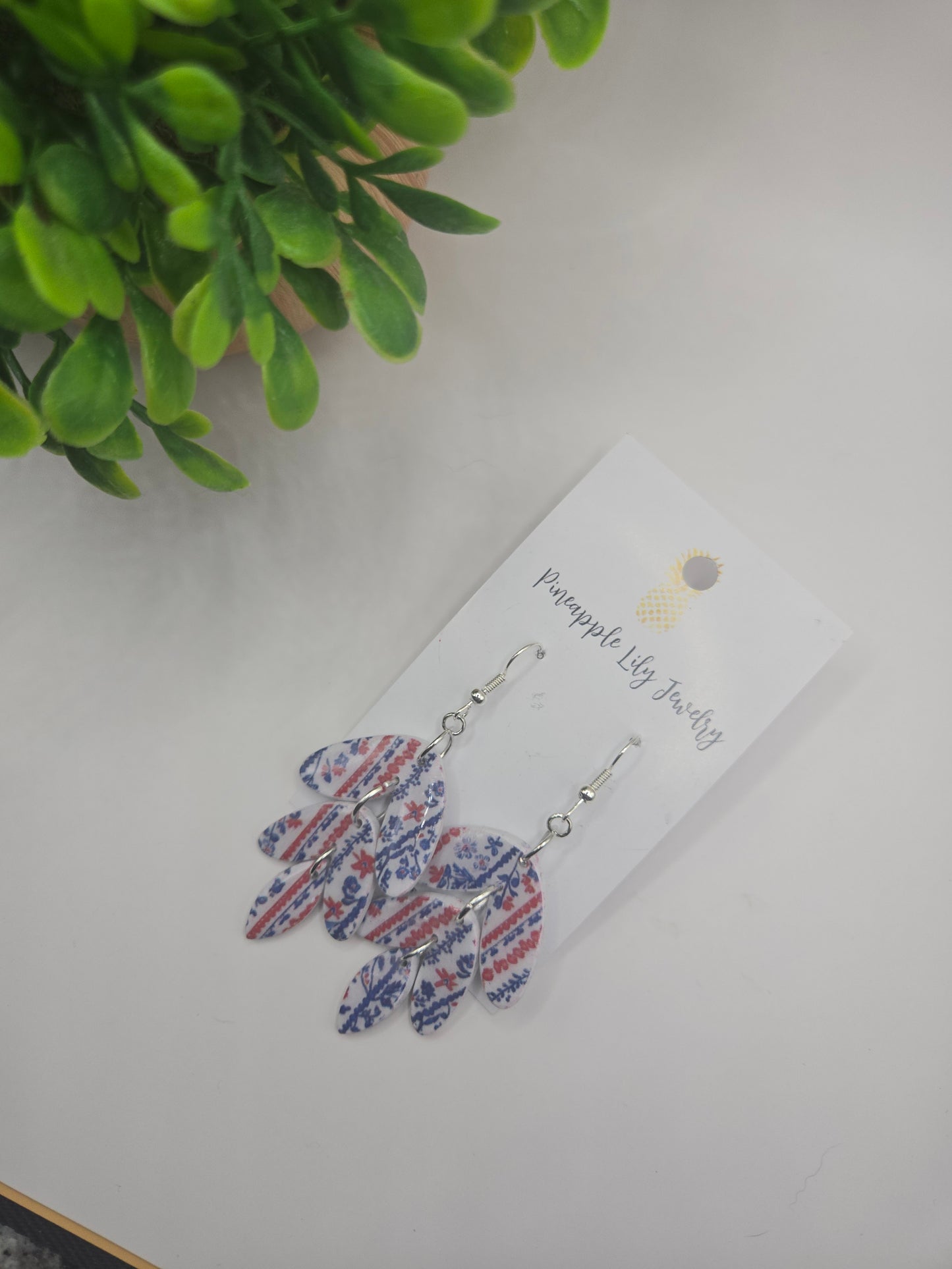 Red, white, blue floral print dangle