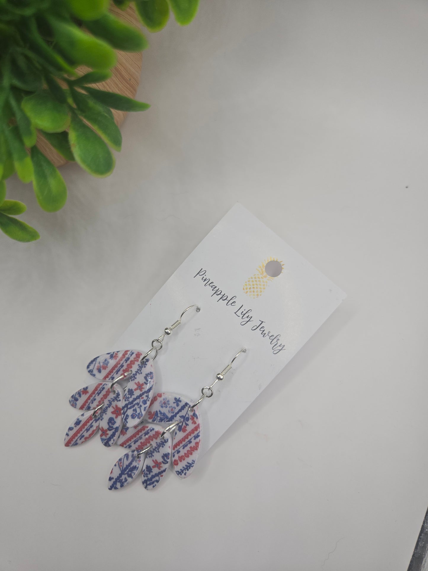 Red, white, blue floral print dangle