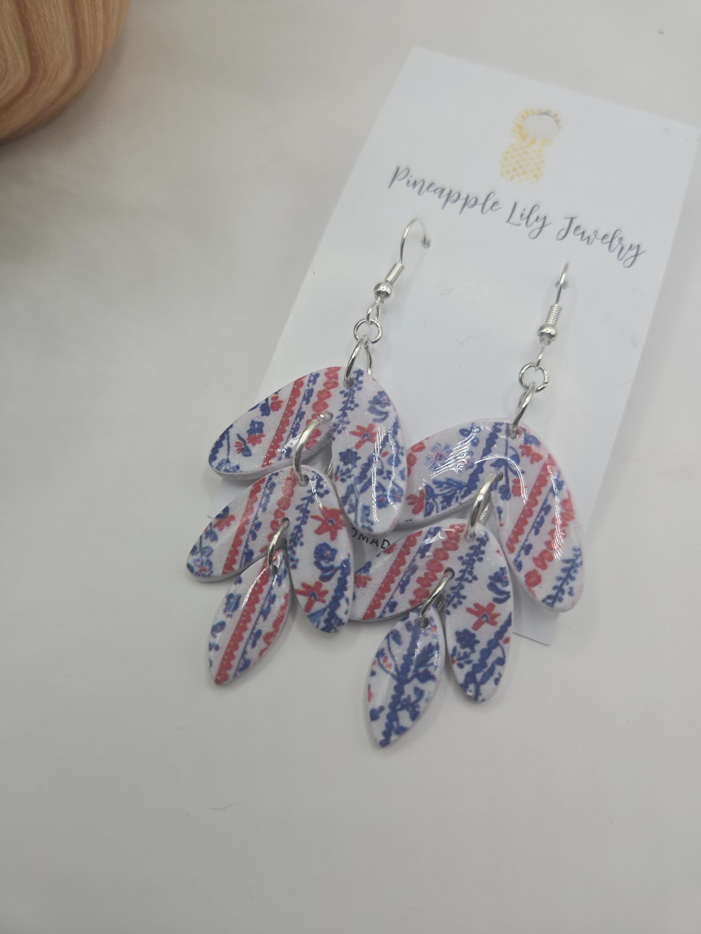 Red, white, blue floral print dangle