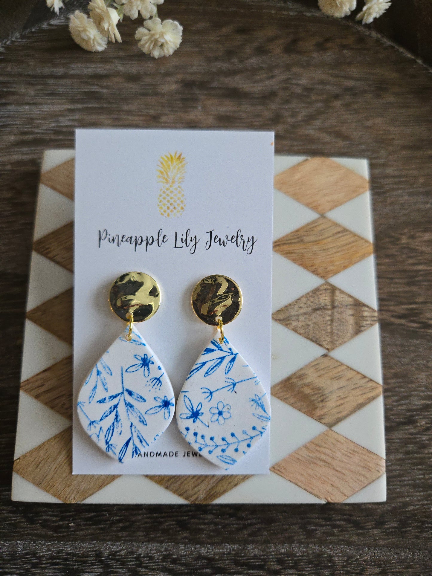 Blue and white chinoiserie floral earrings