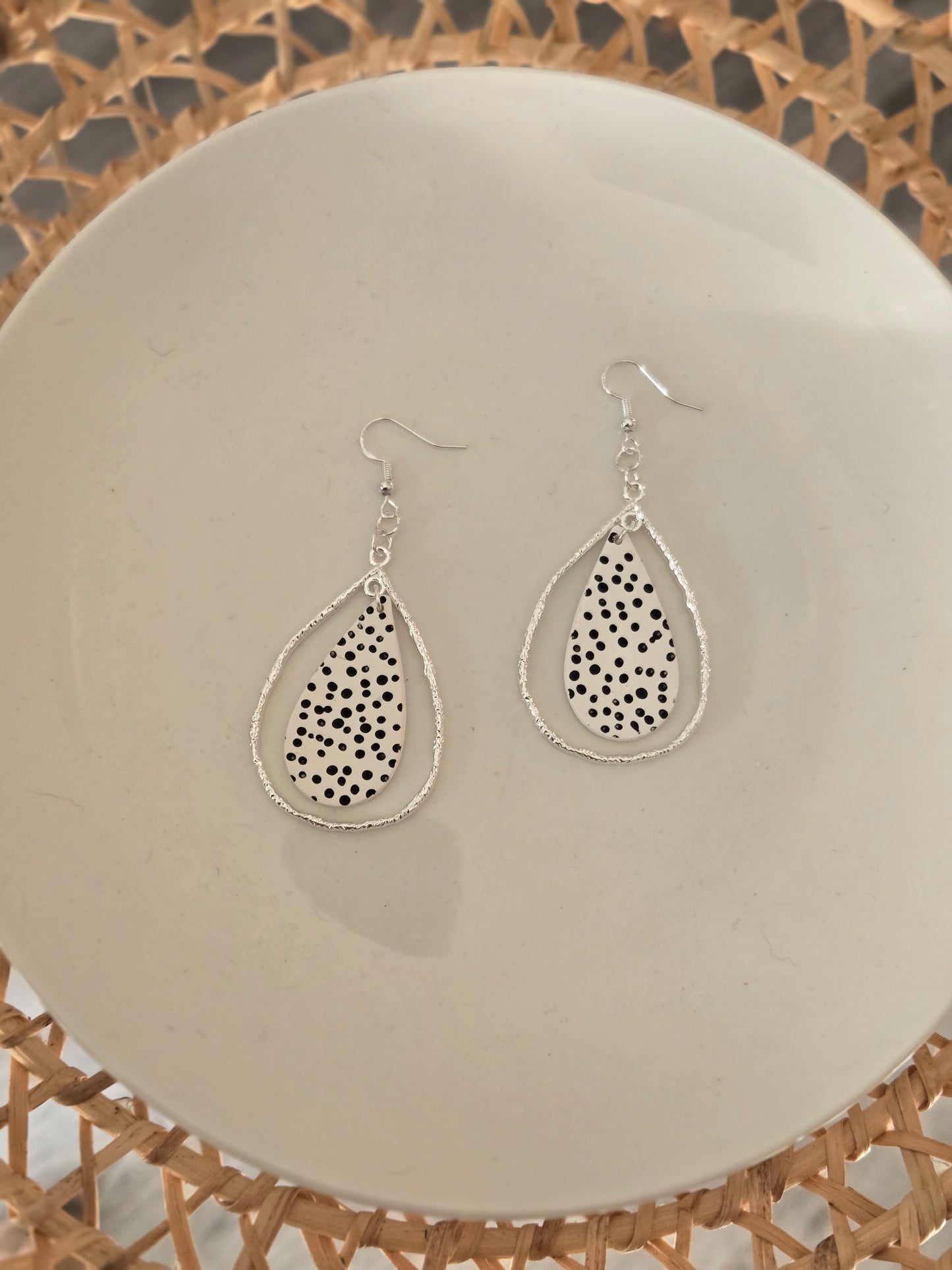 Black and white polka dots statement earrings