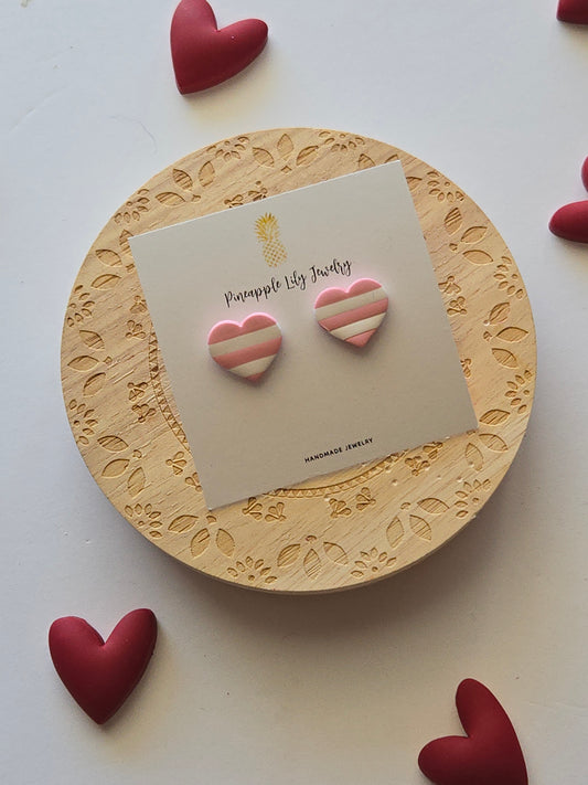 Pink and white stripe heart studs