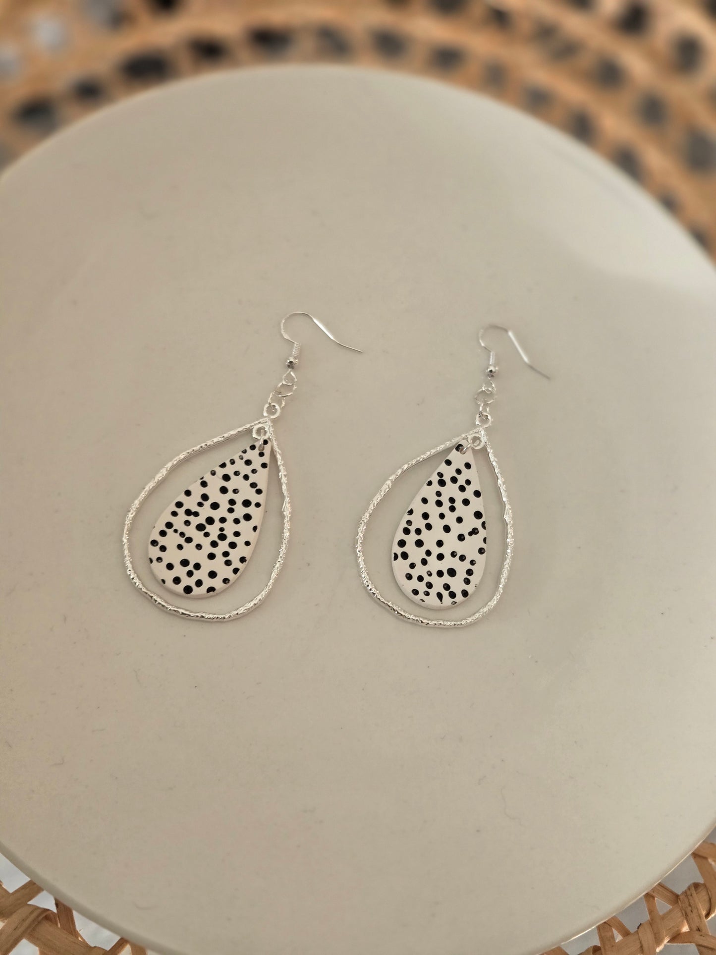 Black and white polka dots statement earrings