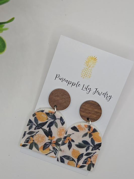 Lemons and leaves dangle earrings