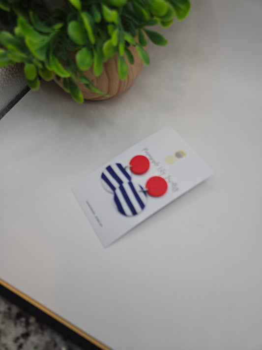 The "Lucy" red button with Stripes polymer clay earrings